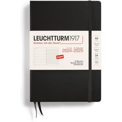 LEUCHTTURM1917 370712 Weekly Calendar & Notebook 2025, Medium A5 Hardcover 18 Month Planner, Lined Black, English LEUCHTTURM1917 370712 Weekly Calendar & Notebook 2025, Medium A5 Hardcover 18 Month Planner, Lined Black, English