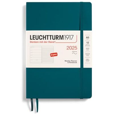 LEUCHTTURM1917 370756 Weekly Calendar & Notebook 2025, Medium A5 Softcover 12 Month Planner, Lined Pacific Green, English LEUCHTTURM1917 370756 Weekly Calendar & Notebook 2025, Medium A5 Softcover 12 Month Planner, Lined Pacific Green, English