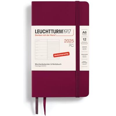 LEUCHTTURM1917 370529 Weekly Calendar & Notebook 2025, Pocket A6 Softcover 12-Month Planner, 80 g, Lined Port Red LEUCHTTURM1917 370529 Weekly Calendar & Notebook 2025, Pocket A6 Softcover 12-Month Planner, 80 g, Lined Port Red