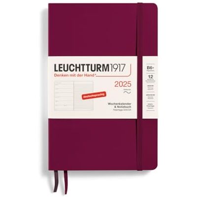 LEUCHTTURM1917 370521 Weekly Calendar & Notebook 2025, Paperback B6+ Softcover 12-Month Planner, 80 g, Lined Port Red LEUCHTTURM1917 370521 Weekly Calendar & Notebook 2025, Paperback B6+ Softcover 12-Month Planner, 80 g, Lined Port Red