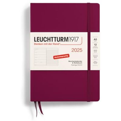 LEUCHTTURM1917 370486 Weekly Calendar & Notebook 2025, Medium A5 Hardcover 12-Month Planner, 80 g, Lined Port Red LEUCHTTURM1917 370486 Weekly Calendar & Notebook 2025, Medium A5 Hardcover 12-Month Planner, 80 g, Lined Port Red