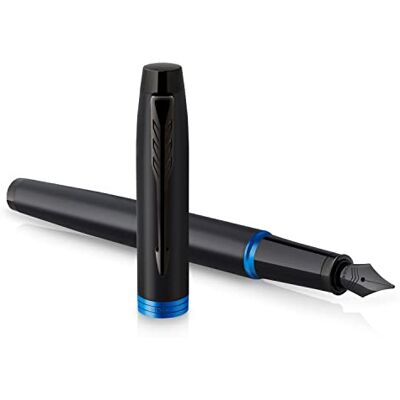 PARKER IM Vibrant Rings Fountain Pen Satin Black Lacquer with Marine Blue Accents Fine Point with Blue Ink Refill Gift Box PARKER IM Vibrant Rings Fountain Pen Satin Black Lacquer with Marine Blue Accents Fine Point with Blue Ink Refill Gift Box