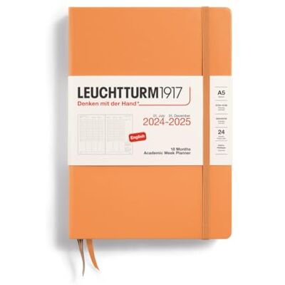 LEUCHTTURM1917 370727 Academic Weekly Planner 2025, Medium A5 Hardcover 18-Month Calendar, Ruled Apricot, English LEUCHTTURM1917 370727 Academic Weekly Planner 2025, Medium A5 Hardcover 18-Month Calendar, Ruled Apricot, English