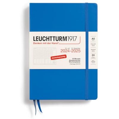 LEUCHTTURM1917 370637 Academic Weekly Planner 2025, Medium A5 Hardcover 18 Month Calendar, 80 g, Lined Sky LEUCHTTURM1917 370637 Academic Weekly Planner 2025, Medium A5 Hardcover 18 Month Calendar, 80 g, Lined Sky