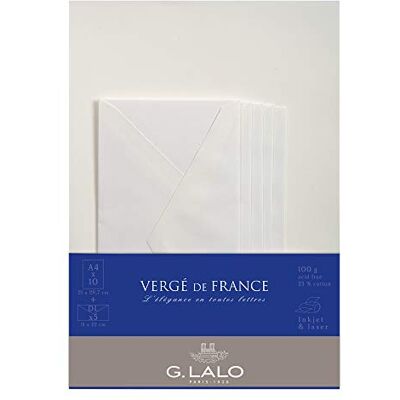 G. Lalo Lalo 62750L Verge De France A correspondence set including 10 A4 100g sheets and 5 gummed lined envelopes DL 11x22 cm, Laid Paper from France, Extra-white G. Lalo Lalo 62750L Verge De France A correspondence set including 10 A4 100g sheets and 5 gummed lined envelopes DL 11x22 cm, Laid Paper from France, Extra-white