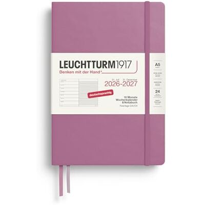 LEUCHTTURM1917 Weekly Calendar 2027 A5 with Notebook, Lined Diary German, 18 Months July 2026 December 2027, Dusty Rose, Hard Cover, 210 x 145 mm, Week to View Left + Note Page Right LEUCHTTURM1917 Weekly Calendar 2027 A5 with Notebook, Lined Diary German, 18 Months July 2026 December 2027, Dusty Rose, Hard Cover, 210 x 145 mm, Week to View Left + Note Page Right