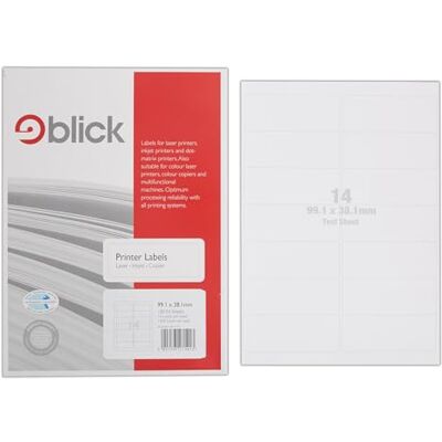 Blick Labels, White, 14 Per Sheet 100 Sheets, Rectangular, 99.1mm x 38.1mm, 1400 Labels, For Home, Office, Family, School Blick Labels, White, 14 Per Sheet 100 Sheets, Rectangular, 99.1mm x 38.1mm, 1400 Labels, For Home, Office, Family, School