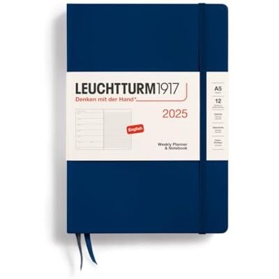 LEUCHTTURM1917 370745 Weekly Calendar & Notebook 2025, Medium A5 Hardcover 12-Month Planner, Lined Navy, English LEUCHTTURM1917 370745 Weekly Calendar & Notebook 2025, Medium A5 Hardcover 12-Month Planner, Lined Navy, English