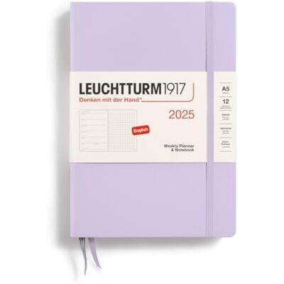 LEUCHTTURM1917 370661 Weekly Calendar & Notebook 2025, Medium A5 Hardcover 12-Month Planner, Dotted Lilac, English LEUCHTTURM1917 370661 Weekly Calendar & Notebook 2025, Medium A5 Hardcover 12-Month Planner, Dotted Lilac, English