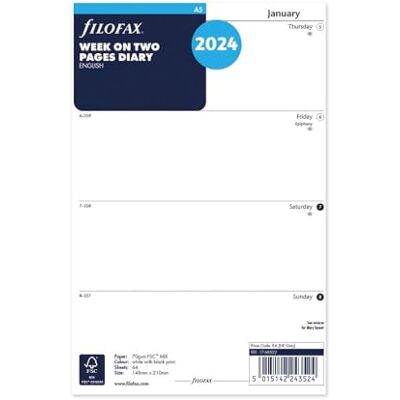 Filofax A5 week on two pages English 2024 diary, White Filofax A5 week on two pages English 2024 diary, White