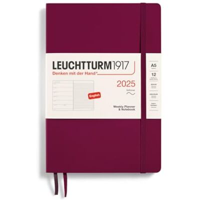 LEUCHTTURM1917 370749 Weekly Calendar & Notebook 2025, Medium A5 Softcover 12-Month Planner, Lined Port Red, English LEUCHTTURM1917 370749 Weekly Calendar & Notebook 2025, Medium A5 Softcover 12-Month Planner, Lined Port Red, English
