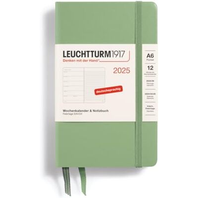 LEUCHTTURM1917 370501 Weekly Calendar & Notebook 2025, Pocket A6 Hardcover 12-Month Planner, 80 g, Lined Sage LEUCHTTURM1917 370501 Weekly Calendar & Notebook 2025, Pocket A6 Hardcover 12-Month Planner, 80 g, Lined Sage