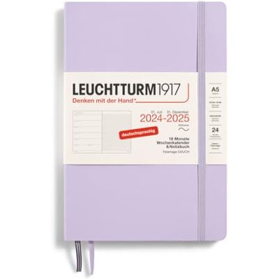 LEUCHTTURM1917 370620 Weekly Calendar & Notebook 2025, Medium A5 Softcover 18-Month Planner, 80 g, Lined Lilac LEUCHTTURM1917 370620 Weekly Calendar & Notebook 2025, Medium A5 Softcover 18-Month Planner, 80 g, Lined Lilac