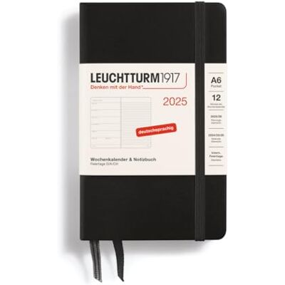 LEUCHTTURM1917 370497 Weekly Calendar & Notebook 2025, Pocket A6 Hardcover 12-Month Planner, 80 g, Lined Black LEUCHTTURM1917 370497 Weekly Calendar & Notebook 2025, Pocket A6 Hardcover 12-Month Planner, 80 g, Lined Black