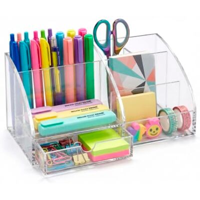 Osco Clear Transparent Acrylic Desk Tidy Pen Pot, 7 Section Organiser with Pull-Out Drawer for Stationery, Cosmetics & Home Office Supplies, H12×W25×D13 cm Osco Clear Transparent Acrylic Desk Tidy Pen Pot, 7 Section Organiser with Pull-Out Drawer for Stationery, Cosmetics & Home Office Supplies, H12×W25×D13 cm