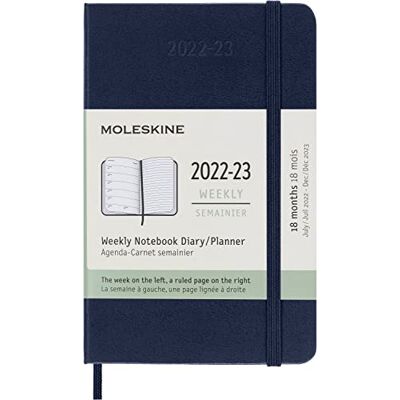 Moleskine 18-Month Weekly Planner/Diary, Weekly Planner 2022/2023, Weekly Notebook with Hard Cover and Elastic Closure, Size Pocket 9 x 14 cm, Colour Sapphire Blue Moleskine 18-Month Weekly Planner/Diary, Weekly Planner 2022/2023, Weekly Notebook with Hard Cover and Elastic Closure, Size Pocket 9 x 14 cm, Colour Sapphire Blue