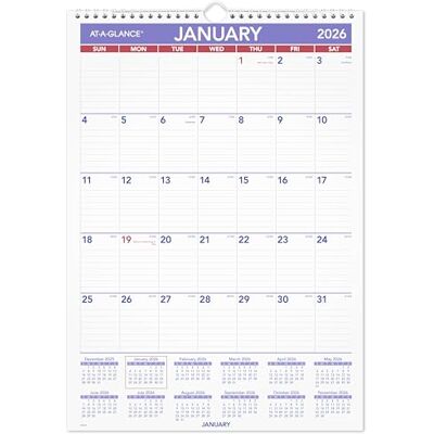 AT-A-GLANCE 2026 Wall Calendar, 12" x 17", Medium Tall (PM22826) AT-A-GLANCE 2026 Wall Calendar, 12" x 17", Medium Tall (PM22826)