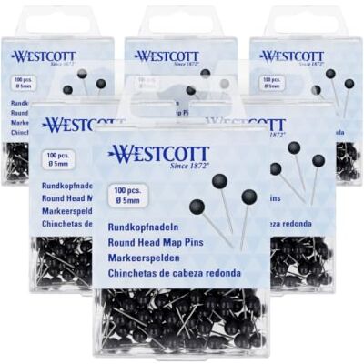 Westcott Round Head Map Pins Black 100 pcs (Pack of 6) E-10502 00 Round Head Pins Ø 5mm, 19mm shaft For maps, notice boards and cork boards Westcott Round Head Map Pins Black 100 pcs (Pack of 6) E-10502 00 Round Head Pins Ø 5mm, 19mm shaft For maps, notice boards and cork boards