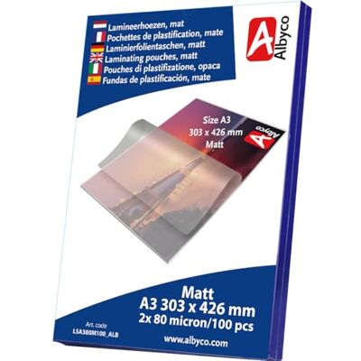 Albyco Matte Laminating Pouches, Laminating Pouches, A3 Format, 303 x 426 mm, Thickness 2 x 80 (160) Microns, Matt, Pack of 100, Transparent Albyco Matte Laminating Pouches, Laminating Pouches, A3 Format, 303 x 426 mm, Thickness 2 x 80 (160) Microns, Matt, Pack of 100, Transparent