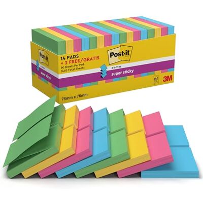 Post-it Super Sticky Z-Notes, 14 + 2 Free Pads (1440 Sheets), 76 mm x 76 mm Post-it Super Sticky Z-Notes, 14 + 2 Free Pads (1440 Sheets), 76 mm x 76 mm