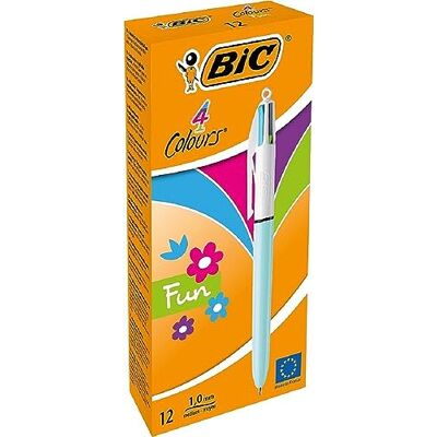 BIC 4 Colours Fun Retractable Ballpoint Pens Box of 12 with Light Blue Pastel Barrel and Medium Point (1.0 mm) BIC 4 Colours Fun Retractable Ballpoint Pens Box of 12 with Light Blue Pastel Barrel and Medium Point (1.0 mm)
