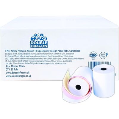 Dragon 76 x 76 mm, 3-Ply Carbonless Paper Roll for Kitchen, Printing Calculator, Non-Thermal Till POS Receipt & Dot Matrix Impact Machines 20 Rolls Dragon 76 x 76 mm, 3-Ply Carbonless Paper Roll for Kitchen, Printing Calculator, Non-Thermal Till POS Receipt & Dot Matrix Impact Machines 20 Rolls