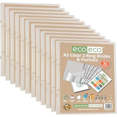 eco-eco A5 65% Recycled Clear Presentation Ring Binder with 12 Multi Punched Pockets, Pack of 12, eco173x12 eco-eco A5 65% Recycled Clear Presentation Ring Binder with 12 Multi Punched Pockets, Pack of 12, eco173x12