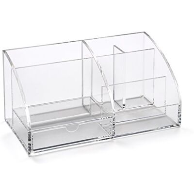 Osco Clear Transparent Acrylic Desk Tidy Pen Pot, 7 Section Organiser with Pull-Out Drawer for Stationery, Cosmetics & Home Office Supplies, H12×W25×D13 cm Osco Clear Transparent Acrylic Desk Tidy Pen Pot, 7 Section Organiser with Pull-Out Drawer for Stationery, Cosmetics & Home Office Supplies, H12×W25×D13 cm