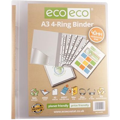 eco-eco A3 95% Recycled 4-D Portrait Clear Presentation Ring Binder File Folder, 40mm Spine, Artwork Portfolio, eco202 eco-eco A3 95% Recycled 4-D Portrait Clear Presentation Ring Binder File Folder, 40mm Spine, Artwork Portfolio, eco202