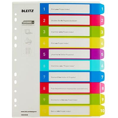 Leitz A4 12430000 WOW 1-10 Index, PC-Printable, Extra Wide, Heavy Duty Plastic, Multicolour Leitz A4 12430000 WOW 1-10 Index, PC-Printable, Extra Wide, Heavy Duty Plastic, Multicolour