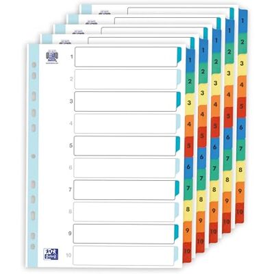 Oxford 5 Pack A4 File Dividers, 10 Part Multi-Coloured Card with Plastic-Coated Tabs, Extra-Wide Design, Reinforced Multi-Punched Spine, 170 GSM Durable Material for Document Organization Oxford 5 Pack A4 File Dividers, 10 Part Multi-Coloured Card with Plastic-Coated Tabs, Extra-Wide Design, Reinforced Multi-Punched Spine, 170 GSM Durable Material for Document Organization