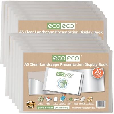eco-eco A5 50% Recycled 20 Pocket Clear Landscape Presentation Display Book, Storage Case Portfolio Art Folder with Plastic Sleeves, Pack of 12, eco174x12 eco-eco A5 50% Recycled 20 Pocket Clear Landscape Presentation Display Book, Storage Case Portfolio Art Folder with Plastic Sleeves, Pack of 12, eco174x12