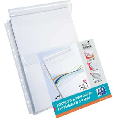 Oxford A4 Expanding Punched Pockets with Flap, Pack of 10, 120 Micron Oxford A4 Expanding Punched Pockets with Flap, Pack of 10, 120 Micron