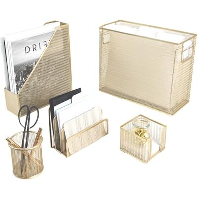 Blu Monaco 5 Piece Cute Office Supplies Gold Desk Organizer Set with Desktop Hanging File Organizer, Magazine Holder, Pen Cup, Sticky Note Holder, Letter sorter Gold Desk Accessories Blu Monaco 5 Piece Cute Office Supplies Gold Desk Organizer Set with Desktop Hanging File Organizer, Magazine Holder, Pen Cup, Sticky Note Holder, Letter sorter Gold Desk Accessories