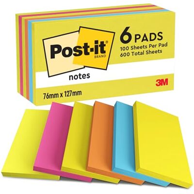 Post-it Notes, 6 Pads (600 Sheets), 127 mm x 76 mm, Assorted Colours Post-it Notes, 6 Pads (600 Sheets), 127 mm x 76 mm, Assorted Colours