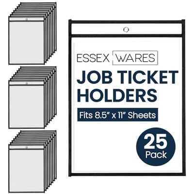 Essex Wares 25 Pack Job Ticket Holder (Black) by Use in Your Business or in a Classroom. Easily fits Standard 8.5 X 11 Sheets of Paper. Hang on a Hook or can Write on and Wipe Away. Essex Wares 25 Pack Job Ticket Holder (Black) by Use in Your Business or in a Classroom. Easily fits Standard 8.5 X 11 Sheets of Paper. Hang on a Hook or can Write on and Wipe Away.