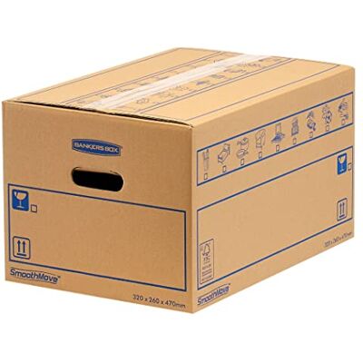 Bankers Box 8 Large Strong Moving Boxes, 39L C-Flute SmoothMove Cardboard Storage Packing Boxes, Heavy Duty Cardboard Boxes for Moving House with Handles, 47cm x 32cm x 26cm (Pack of 8), Brown Bankers Box 8 Large Strong Moving Boxes, 39L C-Flute SmoothMove Cardboard Storage Packing Boxes, Heavy Duty Cardboard Boxes for Moving House with Handles, 47cm x 32cm x 26cm (Pack of 8), Brown