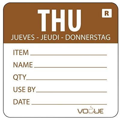 Vogue Hygiplas Removable Food Label Day of the Week Thursday (500 Pack) Leave No Residue Ideal for Food Organization and Storage L069 Vogue Hygiplas Removable Food Label Day of the Week Thursday (500 Pack) Leave No Residue Ideal for Food Organization and Storage L069