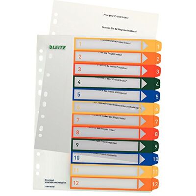 Leitz 12940000 A4 1-12 Index, PC-Printable, Heavy Duty Plastic, White/Multicolour Leitz 12940000 A4 1-12 Index, PC-Printable, Heavy Duty Plastic, White/Multicolour