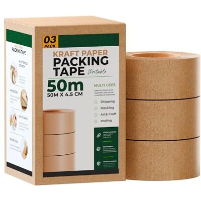 LEDSone Kraft Paper Packing Tape 3 Rolls With Industrial Strength Long 50m x 48mm Suitable For Carton Sealing Brown Eco Friendly Tear Resistant Adhesive For Secure Moving Mailing Storage LEDSone Kraft Paper Packing Tape 3 Rolls With Industrial Strength Long 50m x 48mm Suitable For Carton Sealing Brown Eco Friendly Tear Resistant Adhesive For Secure Moving Mailing Storage