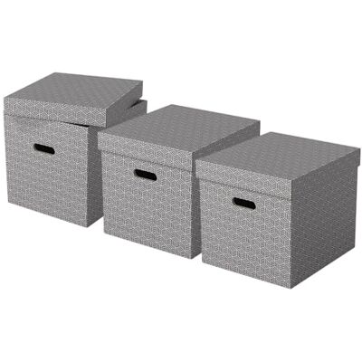 Esselte Large Storage Cubic Box With Lid, Pack Of 3, Suitable For Home/Office Storage & Organisation, 100% Recycled Cardboard, 100% Recyclable, Geometric Design, Grey, 628289 Esselte Large Storage Cubic Box With Lid, Pack Of 3, Suitable For Home/Office Storage & Organisation, 100% Recycled Cardboard, 100% Recyclable, Geometric Design, Grey, 628289