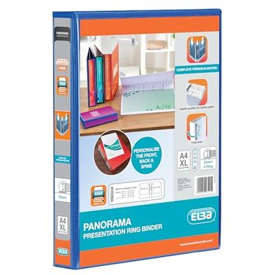 Elba A4 4 D-Ring Binder, 25mm capacity, 40mm spine, Presentation Folder with Customisable Cover, Portrait, Blue (Single) Elba A4 4 D-Ring Binder, 25mm capacity, 40mm spine, Presentation Folder with Customisable Cover, Portrait, Blue (Single)