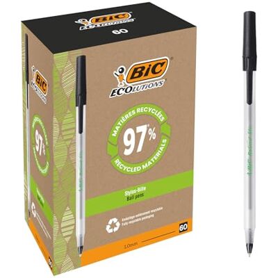 BIC Round Stic ECOlutions Ballpoint Pens Box of 60 Black Medium Writing Point (1.0 mm) Large Office Size BIC Round Stic ECOlutions Ballpoint Pens Box of 60 Black Medium Writing Point (1.0 mm) Large Office Size
