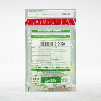 CASHIER DEPOT YOUR ONE STOP SHOP FOR ALL CASHIER'S NEEDS 100 Tamper Evident Bank Deposit Bags, 9 x 12 Clear, Serialized Numbering, Barcode, Press & Seal Void Closure Tape CASHIER DEPOT YOUR ONE STOP SHOP FOR ALL CASHIER'S NEEDS 100 Tamper Evident Bank Deposit Bags, 9 x 12 Clear, Serialized Numbering, Barcode, Press & Seal Void Closure Tape