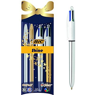 BIC Shine Ballpoint Pen Gift Set for Christmas Pack of 4 Pens (4 Colour and Cristal) with Gold and Silver Shiny Barrels Blue and Black Ink BIC Shine Ballpoint Pen Gift Set for Christmas Pack of 4 Pens (4 Colour and Cristal) with Gold and Silver Shiny Barrels Blue and Black Ink