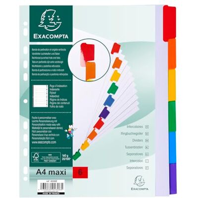 Exacompta 20 dividers white card 6 blank tabs coloured A4 Maxi Exacompta 20 dividers white card 6 blank tabs coloured A4 Maxi
