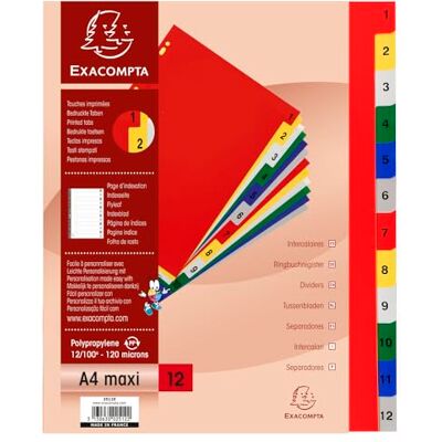 Exacompta 20 dividers PP 12 numbered tabs 1-12 coloured A4 Maxi Exacompta 20 dividers PP 12 numbered tabs 1-12 coloured A4 Maxi
