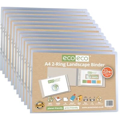 eco-eco A4 95% Recycled Presentation 22mm Spine 2 Ring Landscape Binder Clear, Pack of 12, eco204x12 eco-eco A4 95% Recycled Presentation 22mm Spine 2 Ring Landscape Binder Clear, Pack of 12, eco204x12