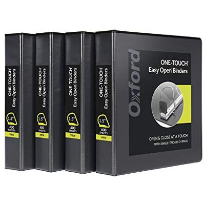 Oxford 3 Ring Binders, 1.5 Inch ONE-Touch Easy Open D Rings, View Binder Covers on 3 Sides, Durable Hinge, Non-Stick, PVC-Free, Black, 4 Pack (79905) Oxford 3 Ring Binders, 1.5 Inch ONE-Touch Easy Open D Rings, View Binder Covers on 3 Sides, Durable Hinge, Non-Stick, PVC-Free, Black, 4 Pack (79905)