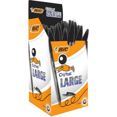 BIC Cristal Large Ballpoint Pens, Every-Day Biro Pens with Wide Point (1.6 mm), Ideal for School, Black Ink, Pack of 50 BIC Cristal Large Ballpoint Pens, Every-Day Biro Pens with Wide Point (1.6 mm), Ideal for School, Black Ink, Pack of 50